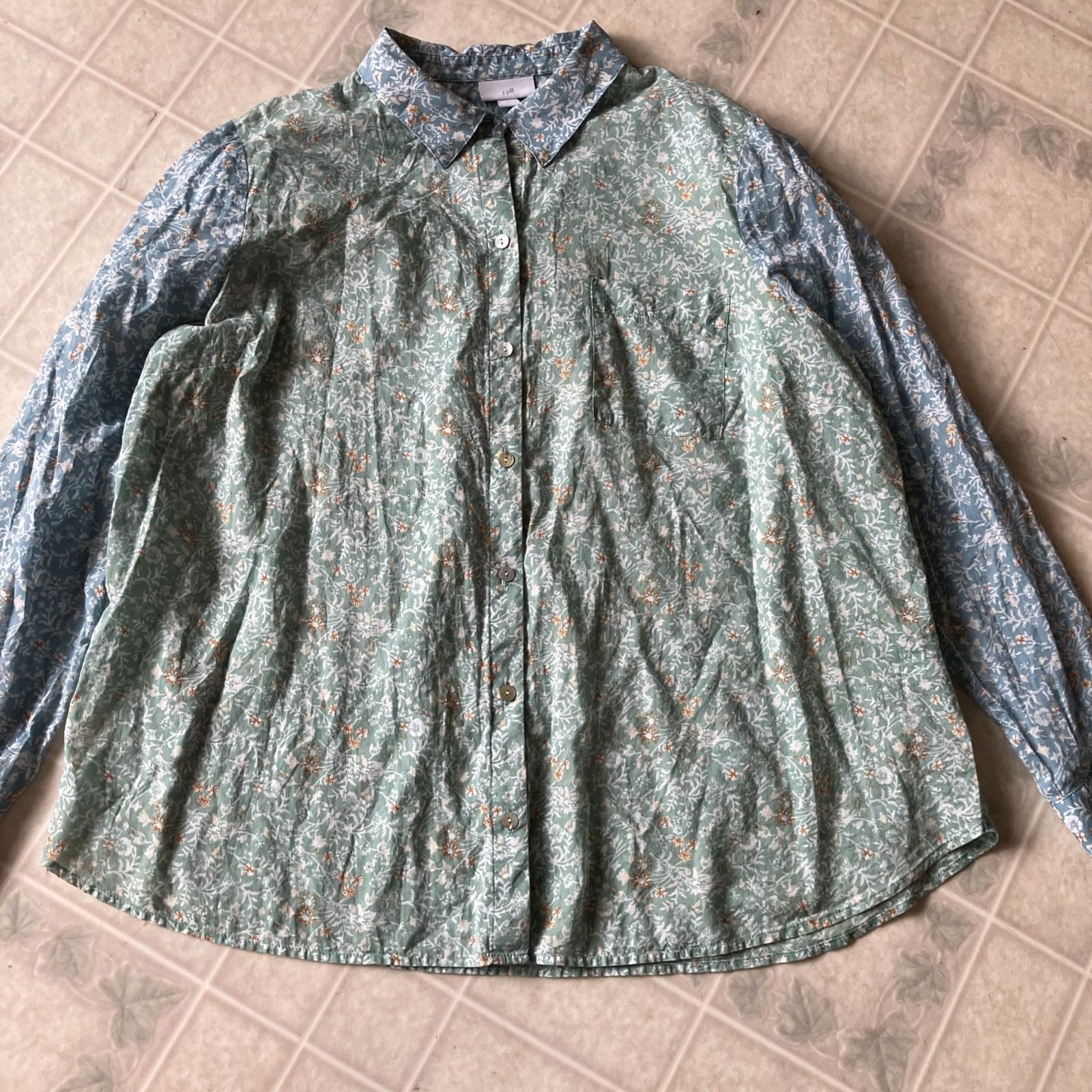 J. Jill Floral Abalone Button Boho Blouse Large Eurosummer Blue Green Cotton